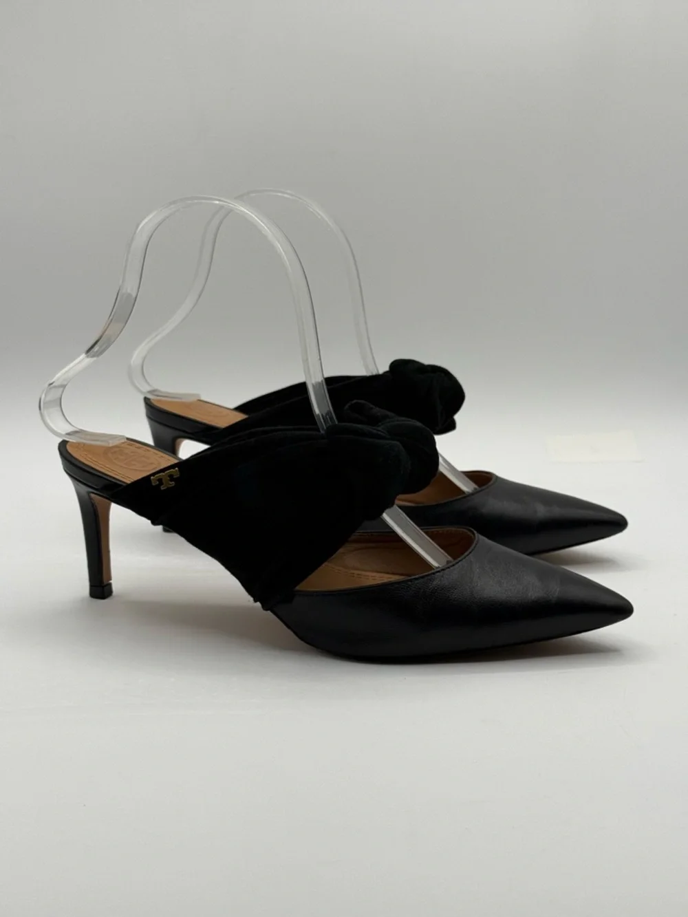 Tory Burch Eleanor Black Leather Pointed Toe Mule Heels w/ Velvet Bow Size 7